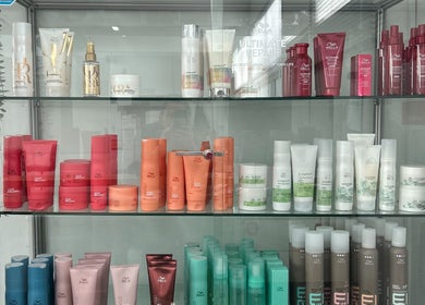 Hair care products on display at Time to Shine Hair Salon, Toi Ohomai - Mokoia, Rotorua, Bay of Plenty, NZ.