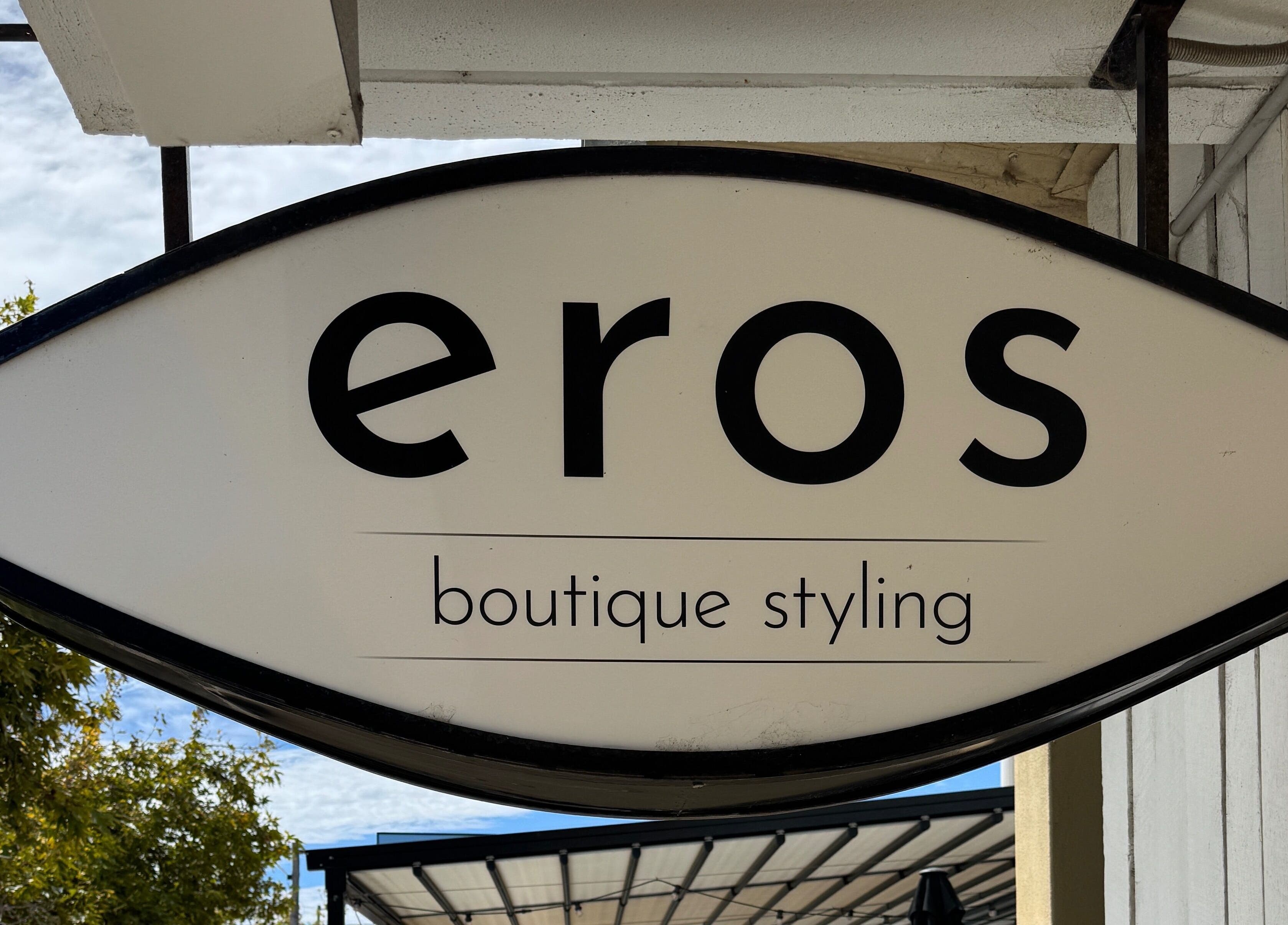 Eros boutique styling signage outside Claire Louise Hair in South Fremantle, Western Australia, AU.