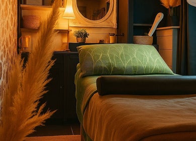 Salle de soins apaisante chez La cabine à Brive-la-gaillarde, Nouvelle-aquitaine, FR avec lit et décor chaleureux.