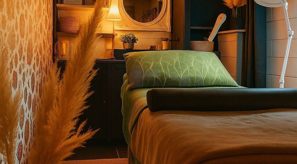 Salle de soins apaisante chez La cabine à Brive-la-gaillarde, Nouvelle-aquitaine, FR avec lit et décor chaleureux.