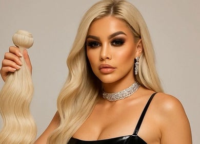 Model showcasing blonde hair extensions at Finesse Beauty & Hair Salon, Newcastle upon Tyne, England, GB.