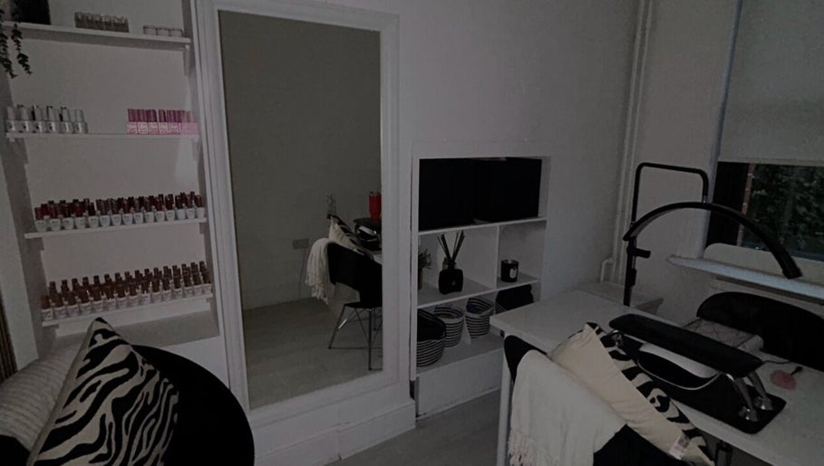 Interior view of Zo Nails, featuring chic decor and product shelves in Dublin, County Dublin, IE.