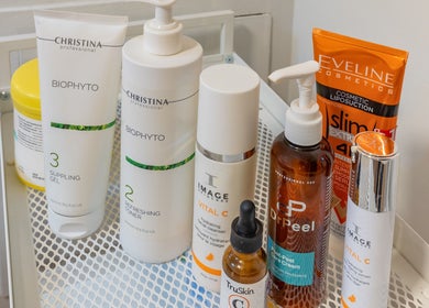 A selection of skincare products at Velvet Beauty Studio, New York, US.