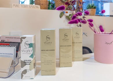 Velvet Beauty Studio's lash products elegantly displayed in New York, New York, US for beauty enthusiasts.