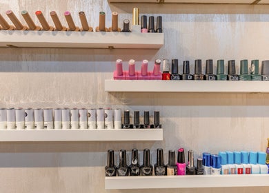 Colorful nail polish display at Velvet Beauty Studio, New York, New York, US.