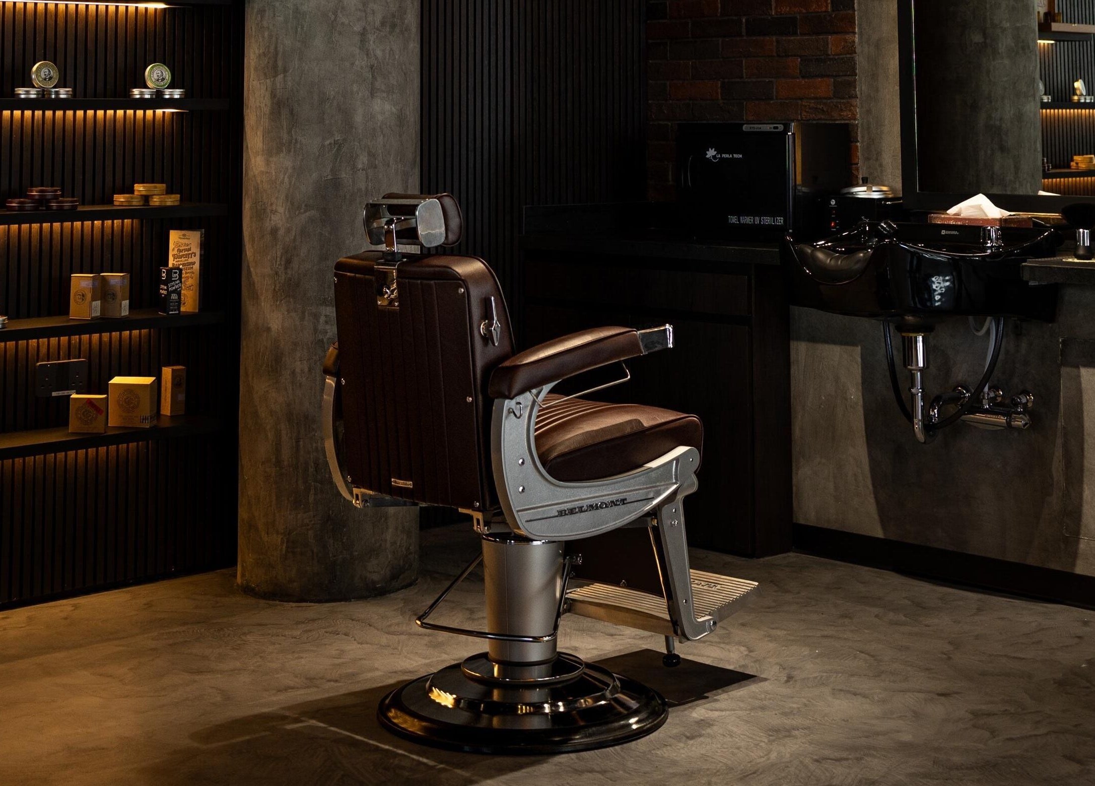 Stylish barber chair at Stache & Co. Barbershop - Reem Central Park, Abu Dhabi, AE showcasing vintage elegance.