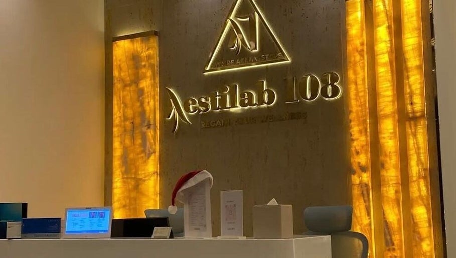 Reception area of Aestilab 108 Clinic, Dubai, Dubai, AE, showcasing elegant lighting and decor.
