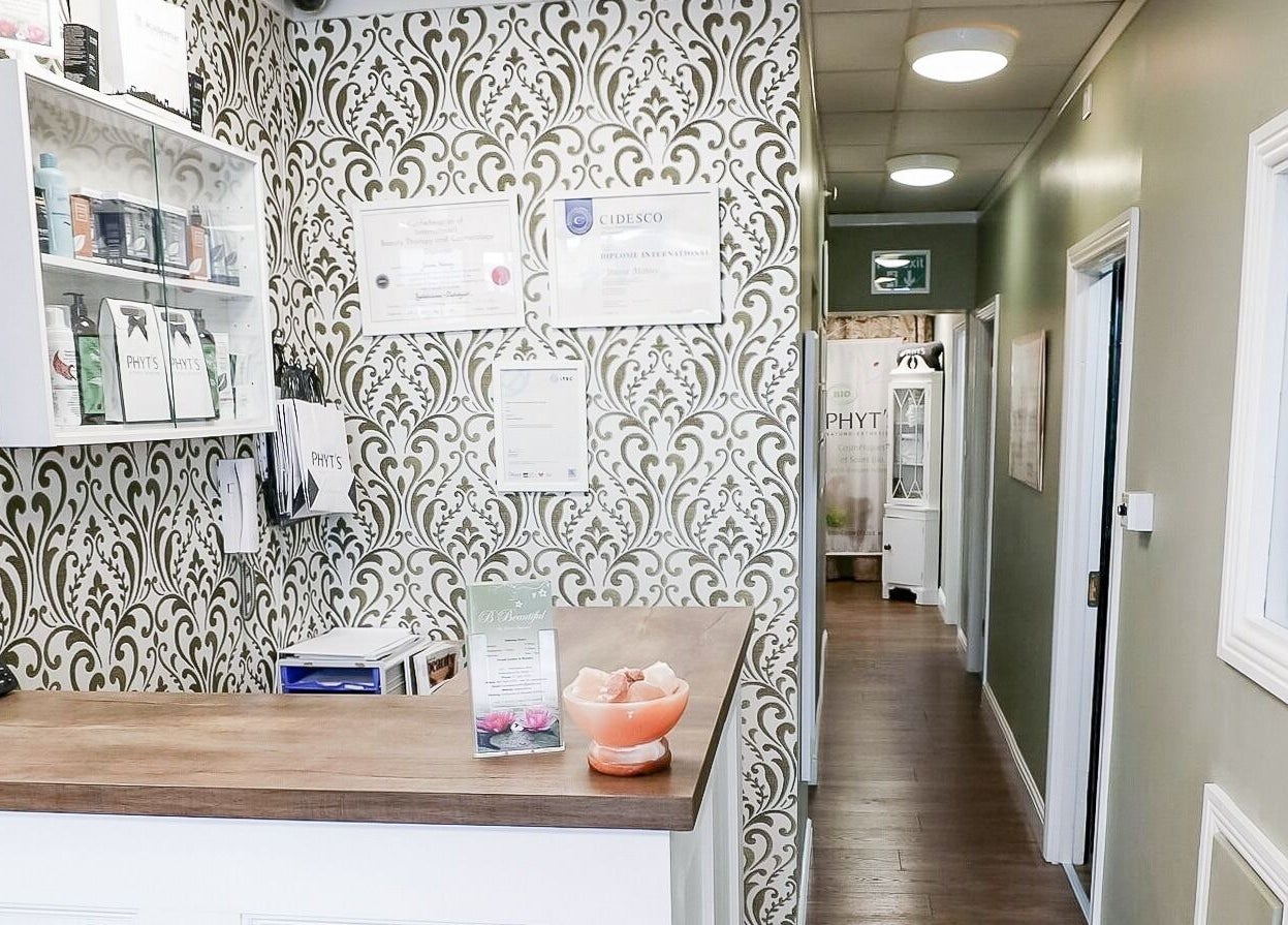 Reception area of B Beautiful in Dublin, County Dublin, IE, showcasing a stylish, patterned decor.