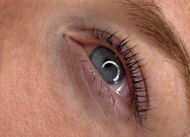 Close-up of an eye with long lashes at The Glow House, Hutton Rudby, England, GB.