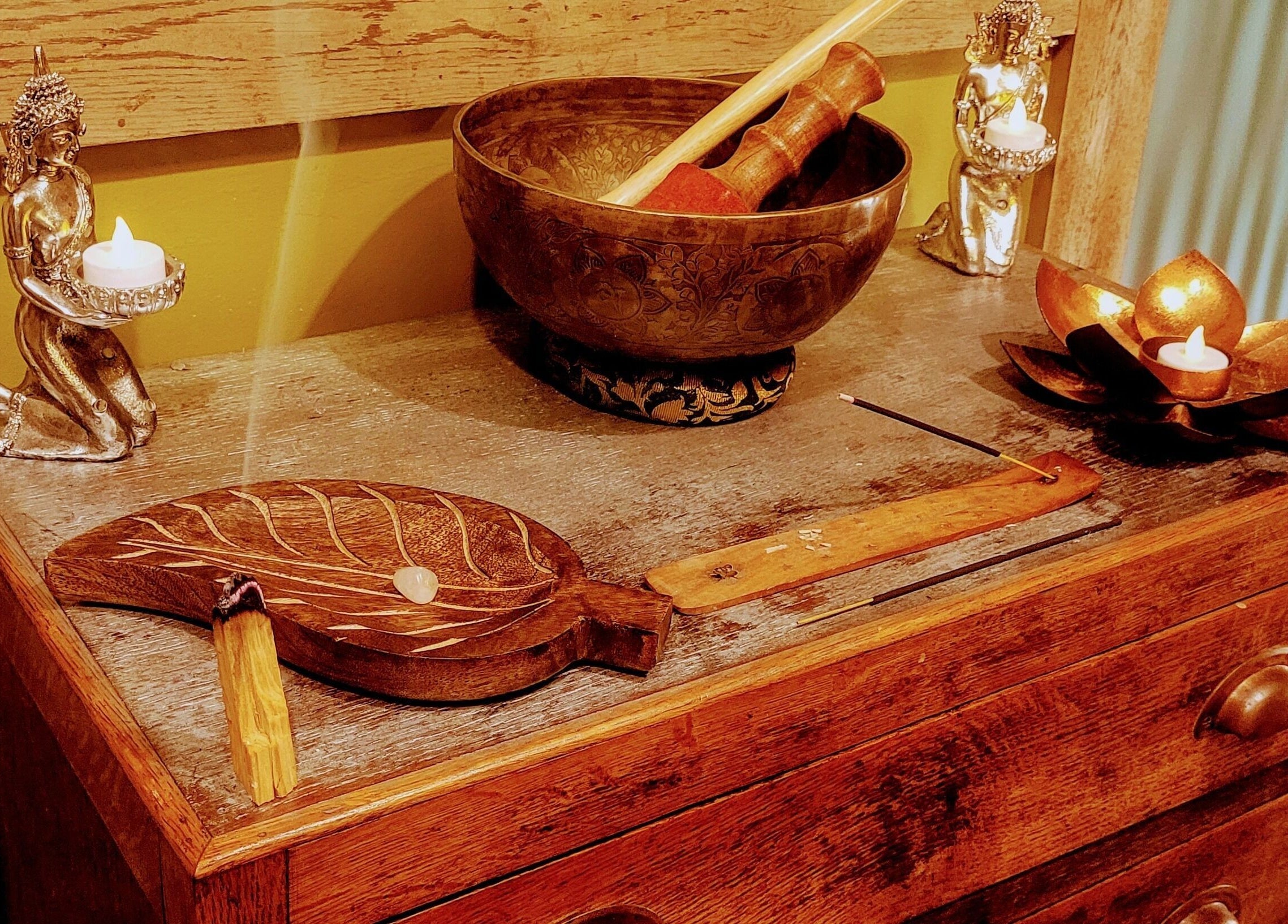 Decorative incense and candles at Balance and Heal, Royston, England, GB creating a serene ambiance.