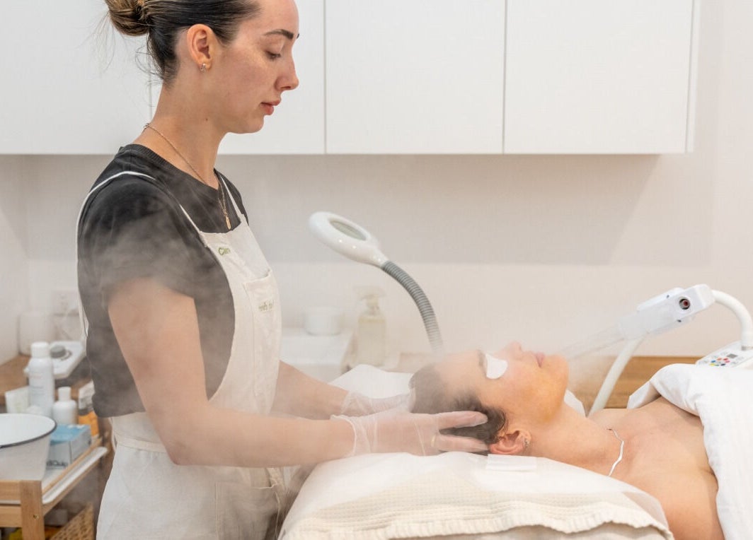 Facial treatment in progress at Fresh Face Skin, Melbourne, Victoria, AU, featuring steam therapy.