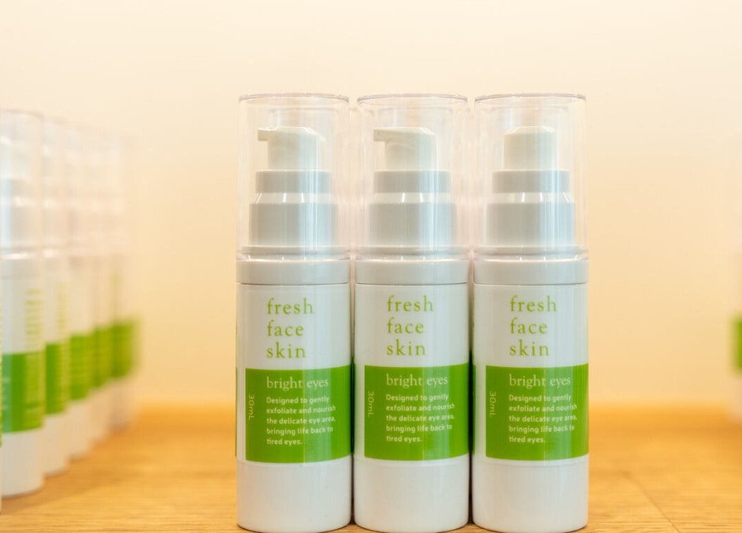 Fresh Face Skin eye treatment bottles on display in Melbourne, Victoria, AU skin care venue.
