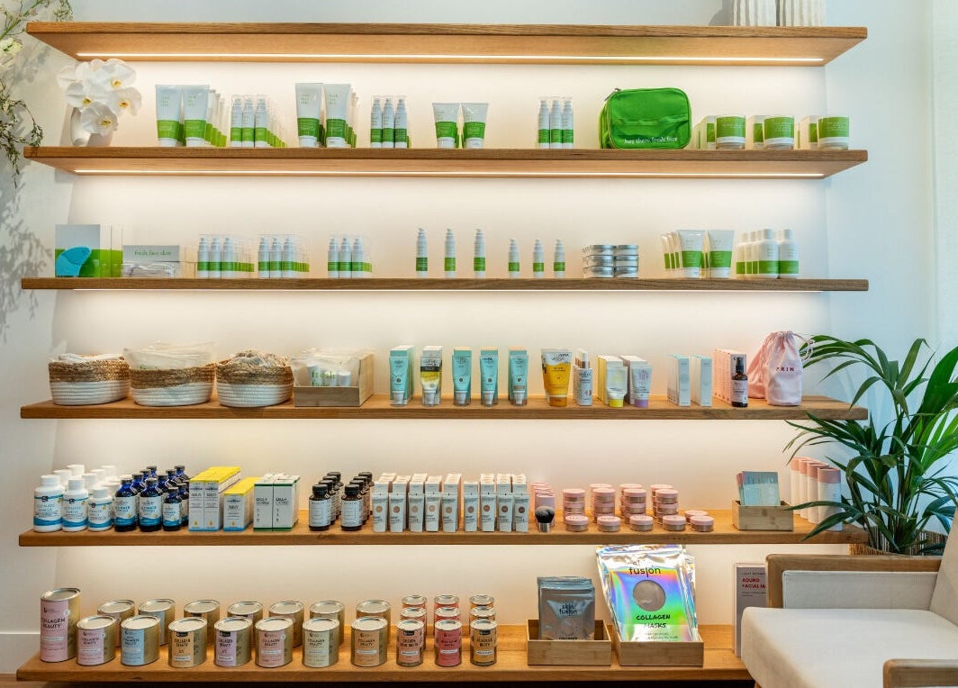 Elegant display of skincare products at Fresh Face Skin, Melbourne, Victoria, AU.