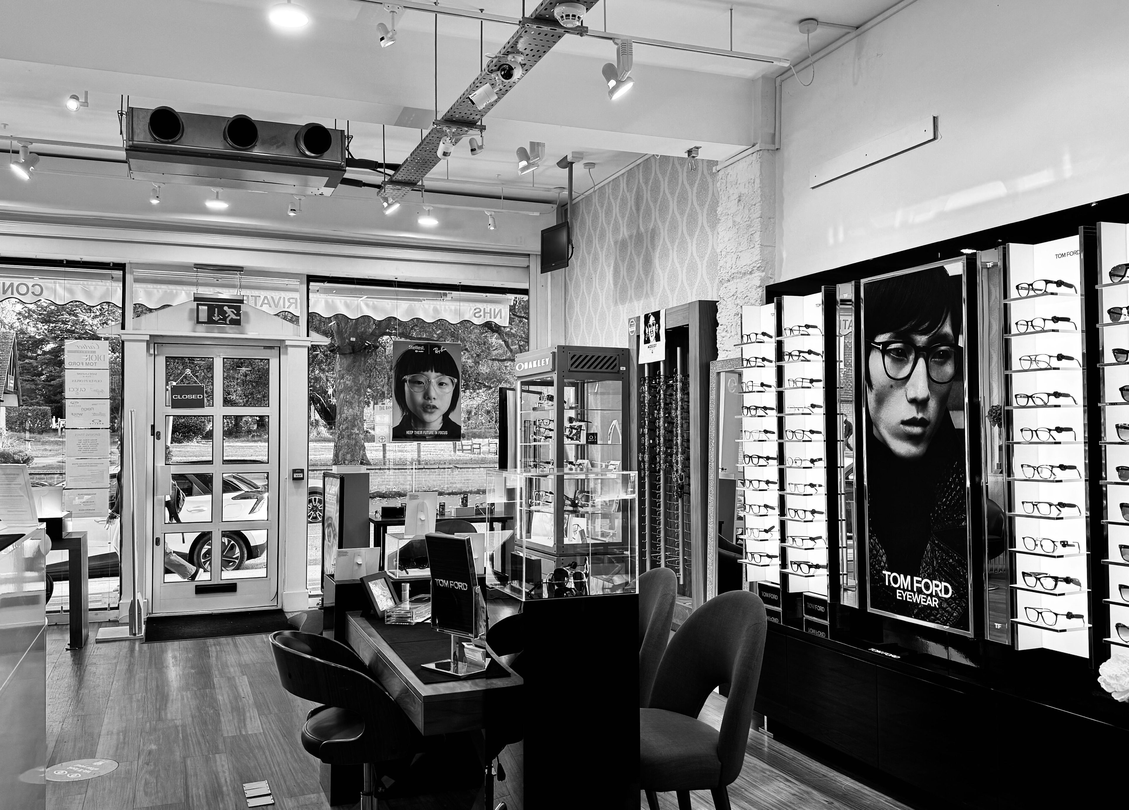 Interior of M S Kalsi Opticians - Banstead with stylish eyewear displays, Banstead, GB.