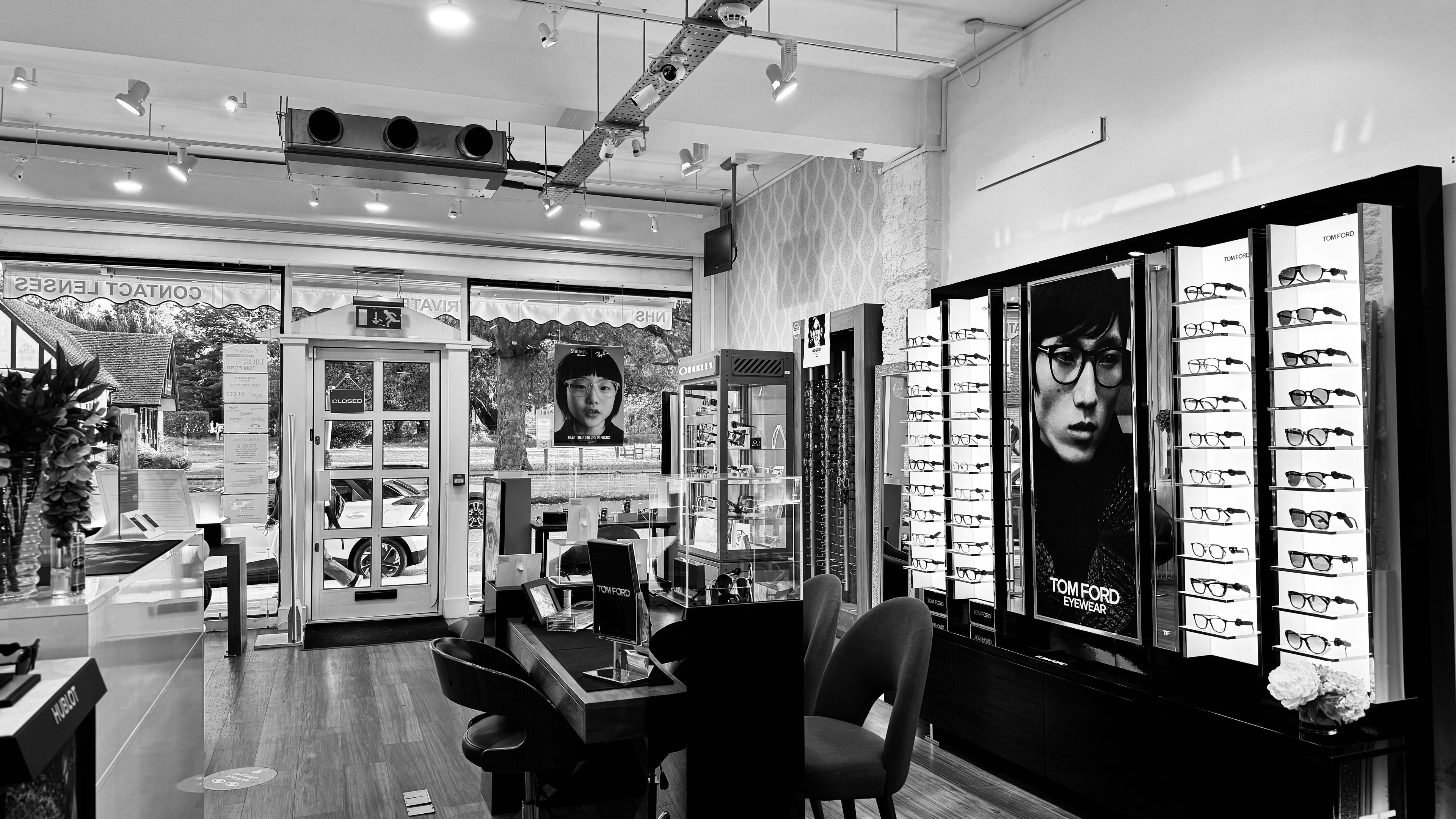Interior of M S Kalsi Opticians - Banstead with stylish eyewear displays, Banstead, GB.