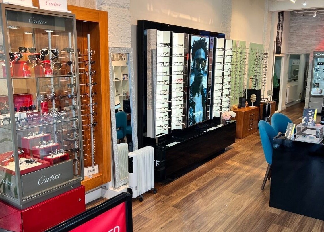 Interior of M S Kalsi Opticians - Banstead with a stylish display of eyewear, located in Banstead, GB.