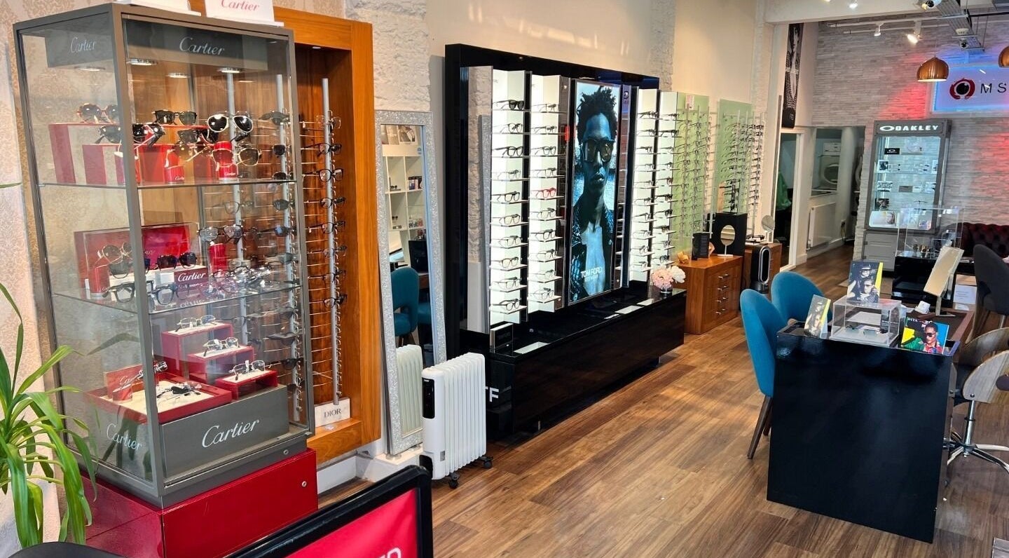 Interior of M S Kalsi Opticians - Banstead with a stylish display of eyewear, located in Banstead, GB.