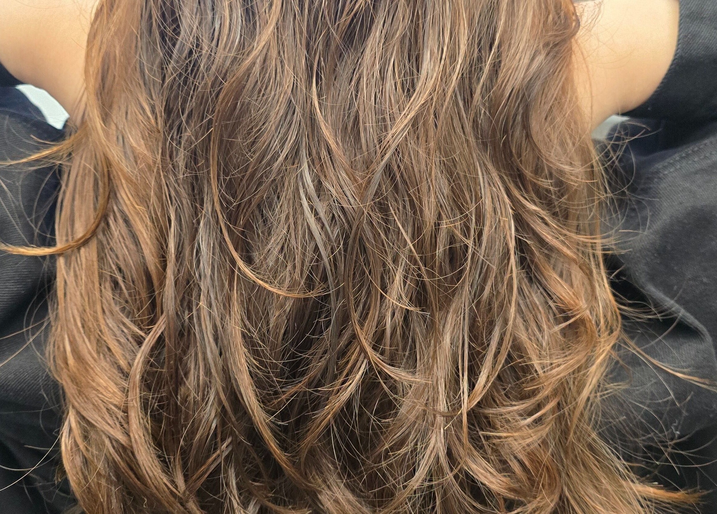 Close-up of styled brown hair at Eternal Young Salon in Calgary, Alberta, CA, showcasing vibrant highlights.