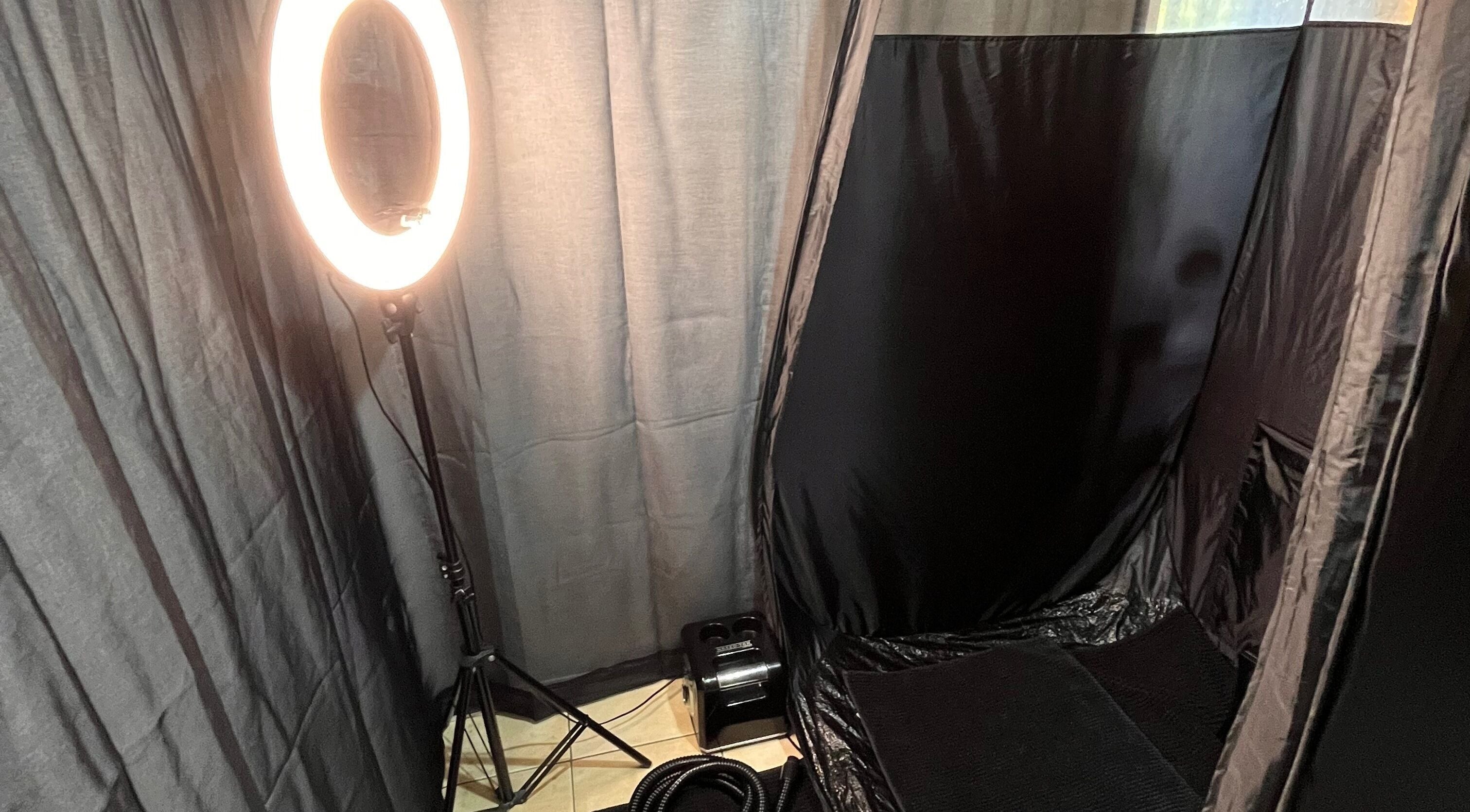 Spray tan booth with ring light at Good Times & Tan Lines, Runaway Bay, Queensland, AU.