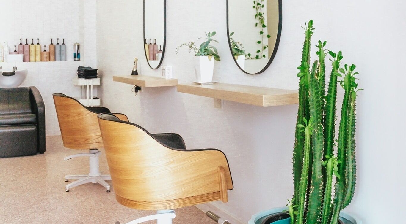 Stylish interior of Stellar Salon with wooden chairs and plants in Coolangatta, Queensland, AU.