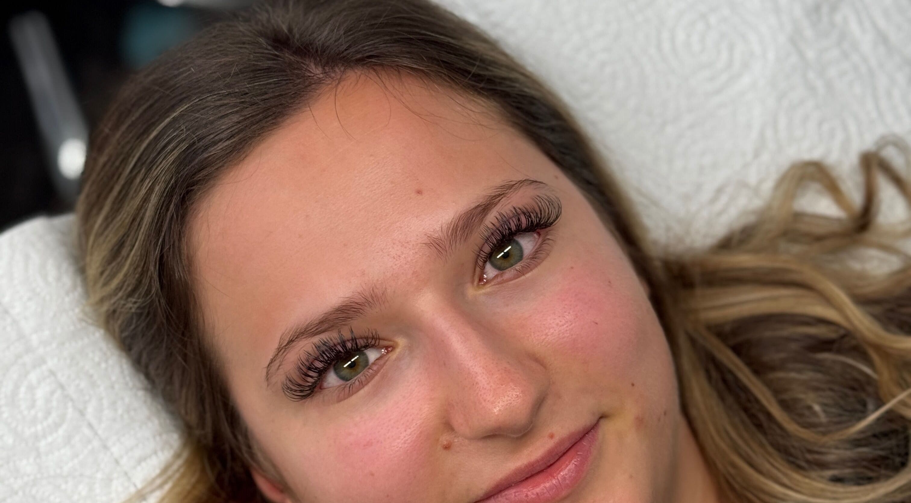 Close-up of client's eyelash extensions at Tay Aesthetics, Tahmoor, New South Wales, AU.