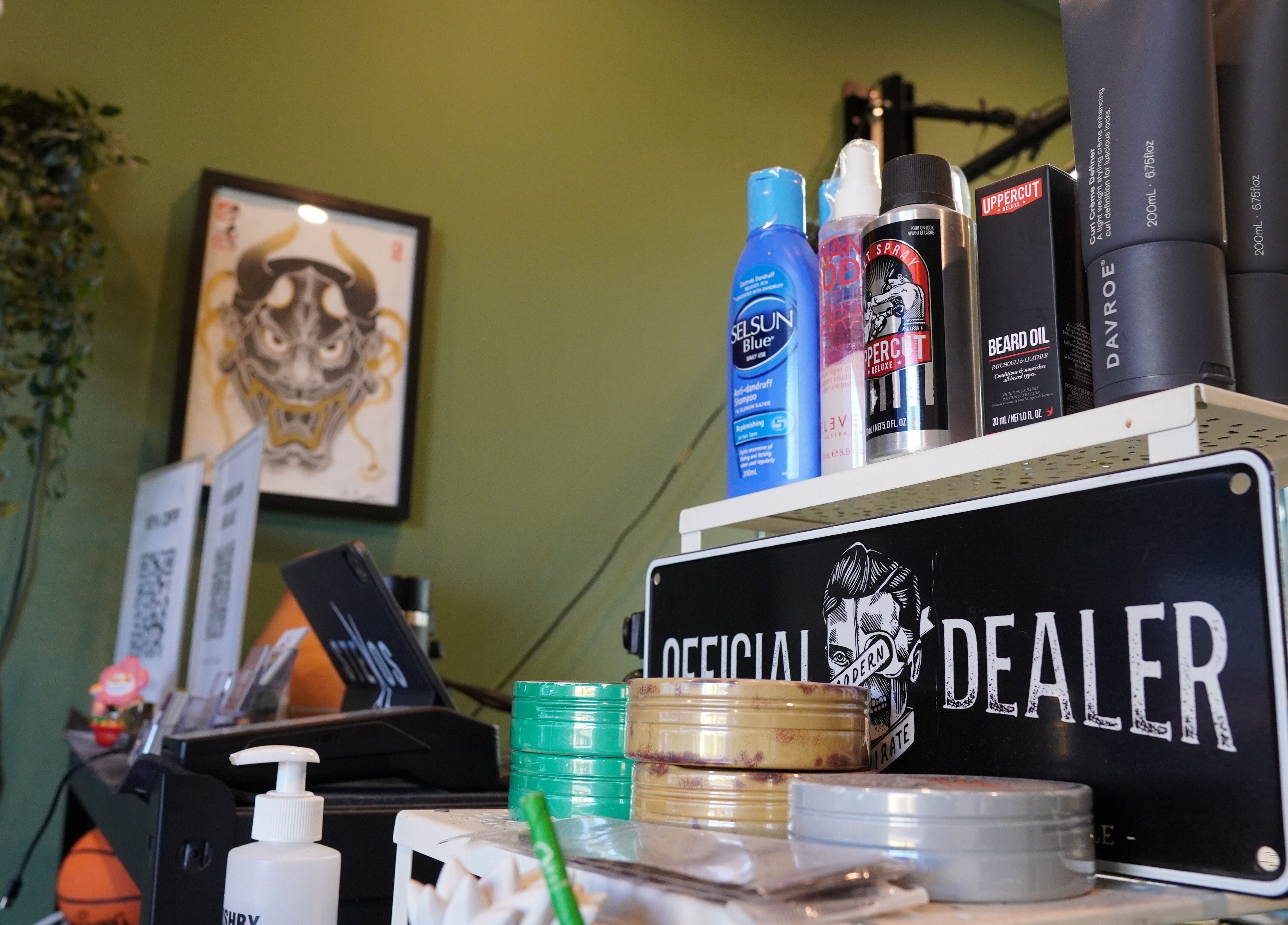 Stevo’s Barbershop in Moorooka, Queensland, AU showcasing premium hair products and decor.