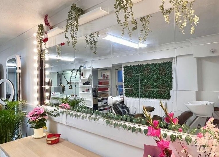 Interior elegante do Studio Zaina com espelhos e plantas, em Dublin, County Dublin, IE.