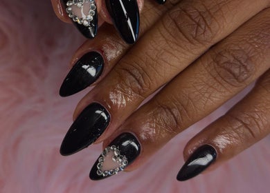 Elegant black nails with gem details at Jennifer Audrey Nails & Beauty, Thurmaston, England, GB.