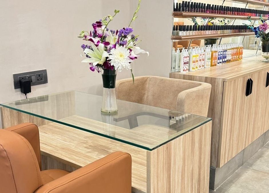 Modern nail station at The Mani Pedi Spa, AIPL Joy Street, Gurugram, Haryana, IN with floral decor.