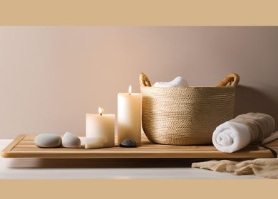 Calming spa essentials at The Small Massage Room, Thurso, Highlands, GB. Relaxing ambience with candles.