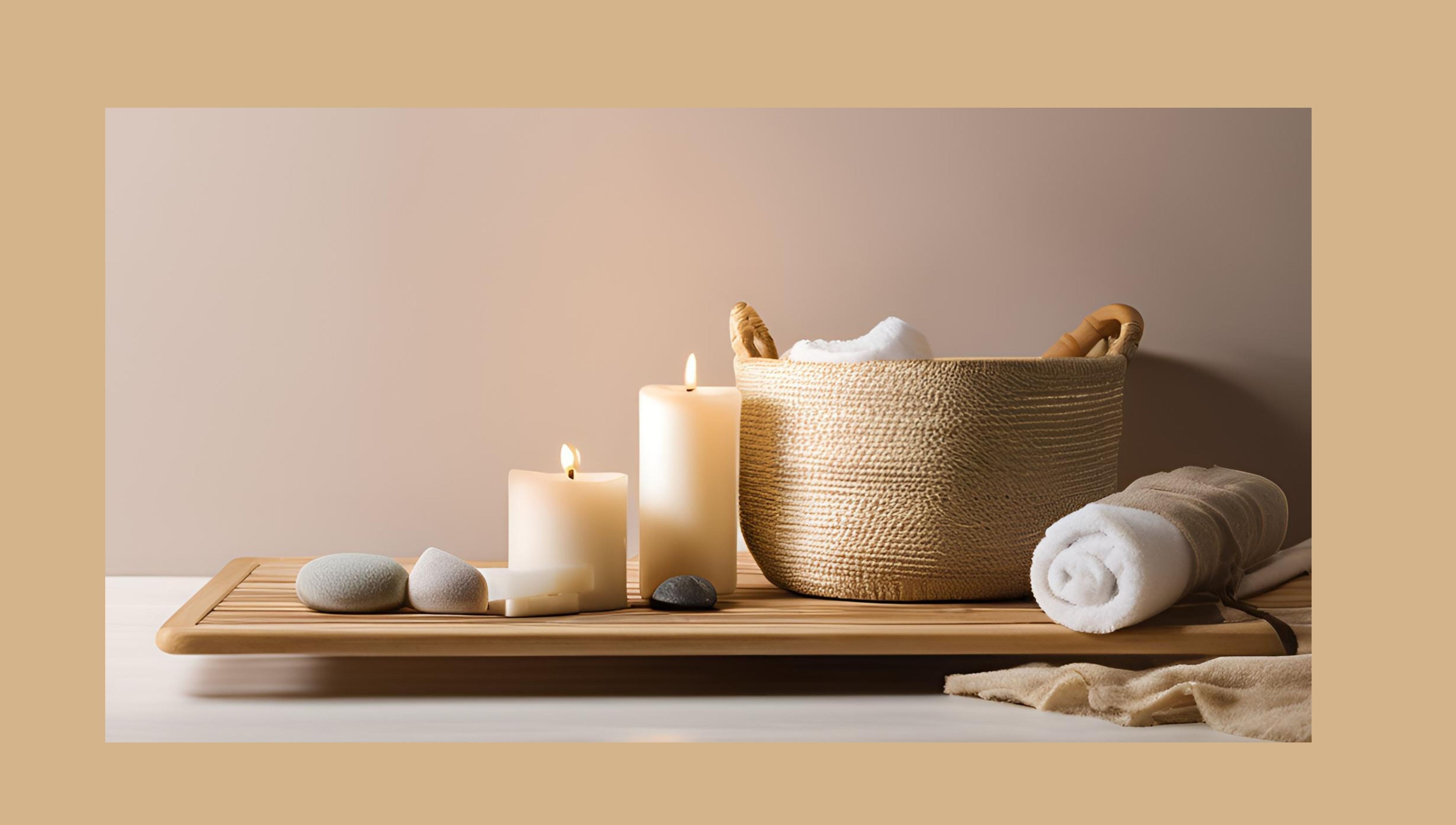 Relaxing spa setup at Massage Clinik, Edinburgh, Scotland, GB with candles and towels.