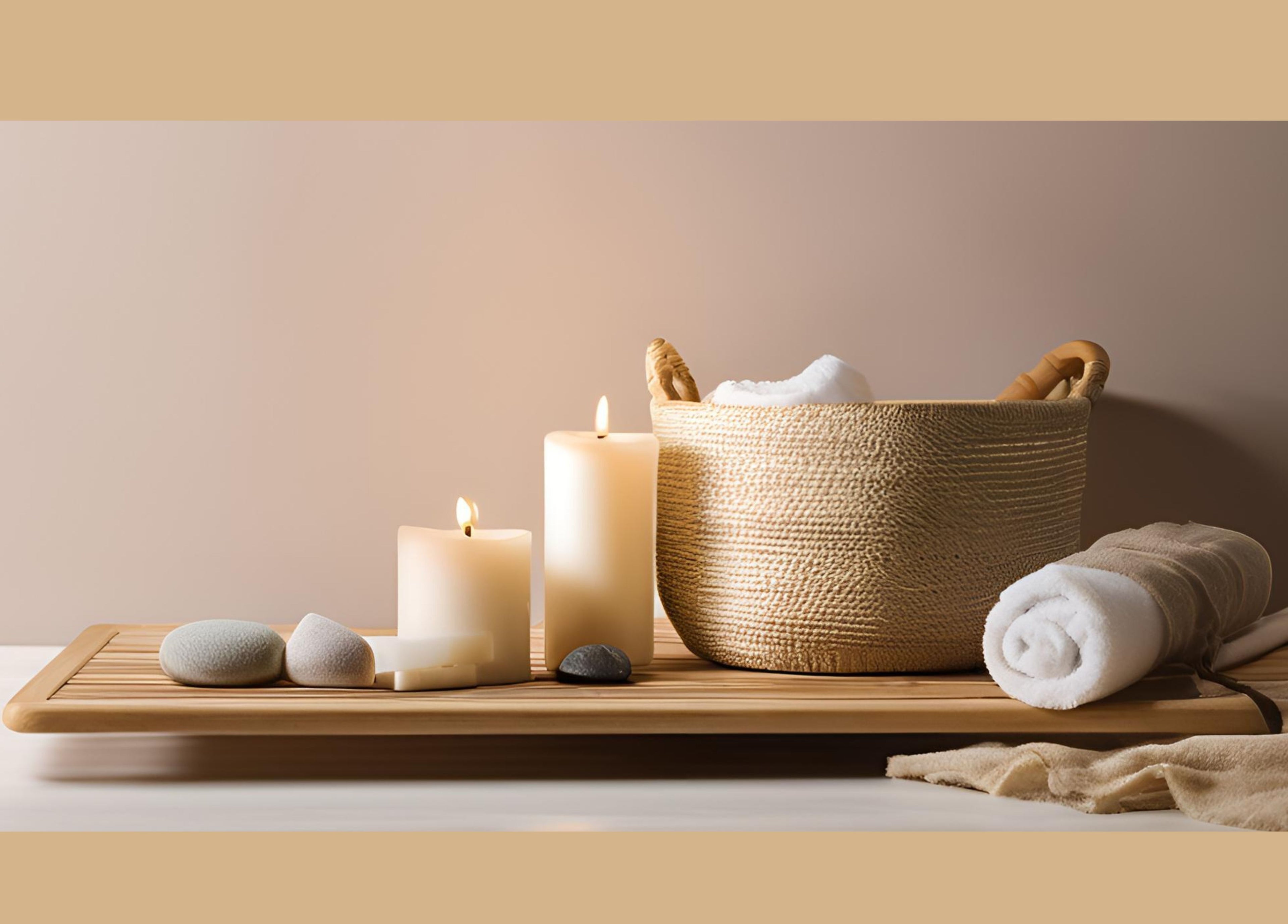 Relaxing spa setup at Massage Clinik, Edinburgh, Scotland, GB with candles and towels.