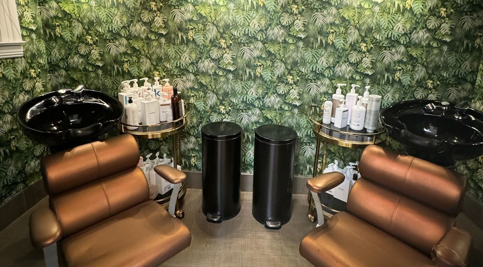 Luxurious salon chairs and foliage wall at Code Salon, San Francisco, California, US. Formerly Belles & Boheme.