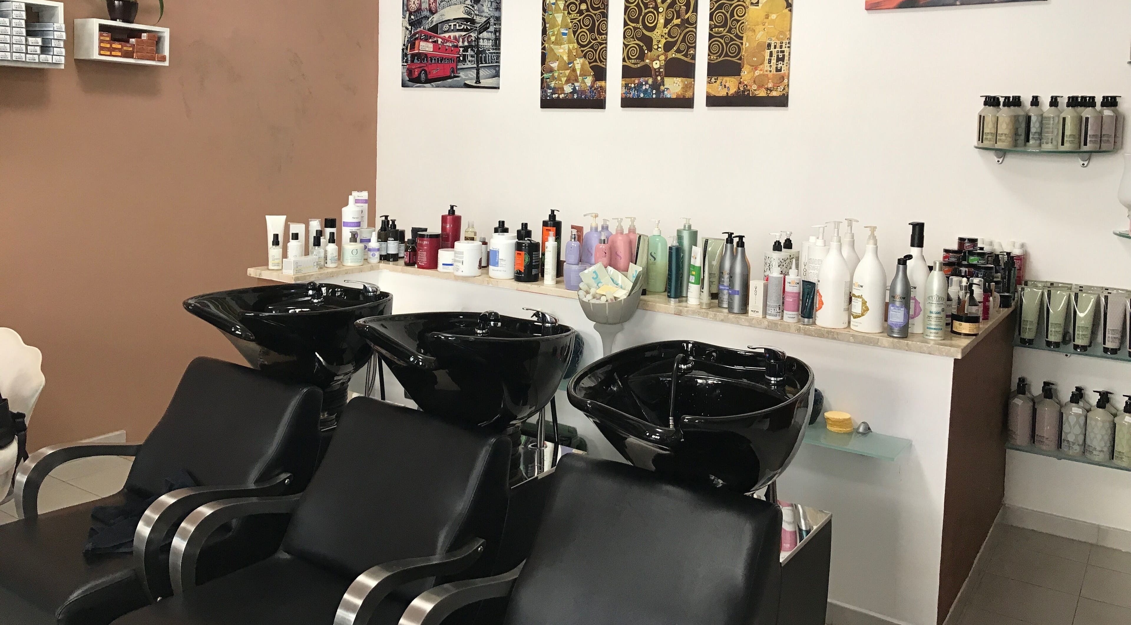 Area lavaggio Un diavolo per capello, Brindisi, Puglia, IT con prodotti per capelli.