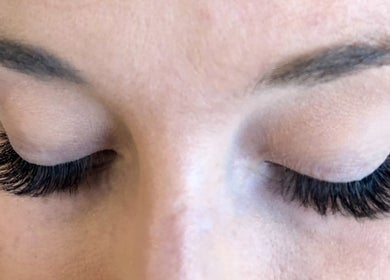 Eyelash extensions at Pāshoa, Pershore, England, GB, showcasing full and thick lashes.