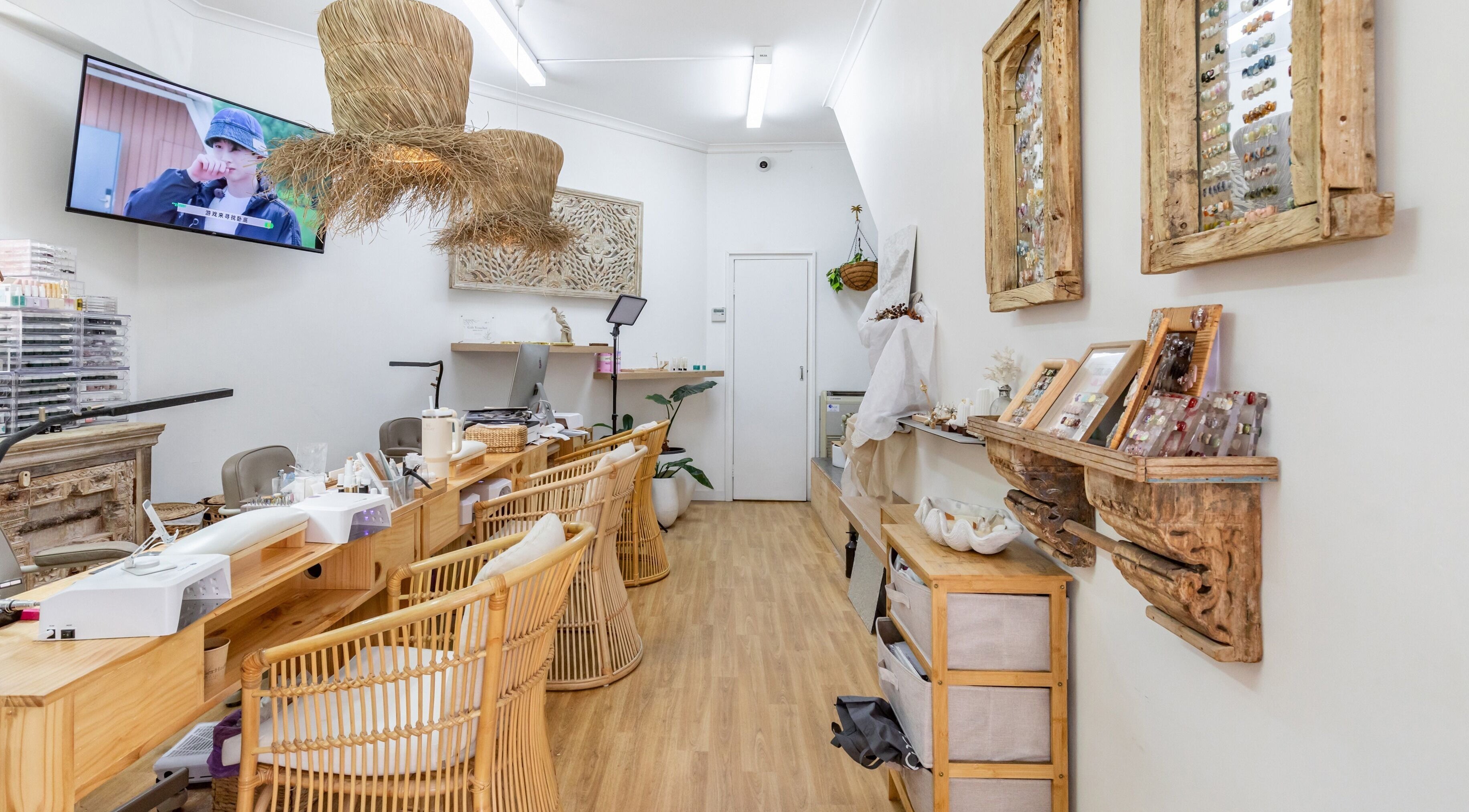 Cozy interior of Seahouse Nail and Beauty in Chatswood, New South Wales, AU with rustic decor and nail stations.