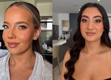 Two women showcase elegant makeup by By Paras at Carindale, Queensland, AU, highlighting beauty expertise.