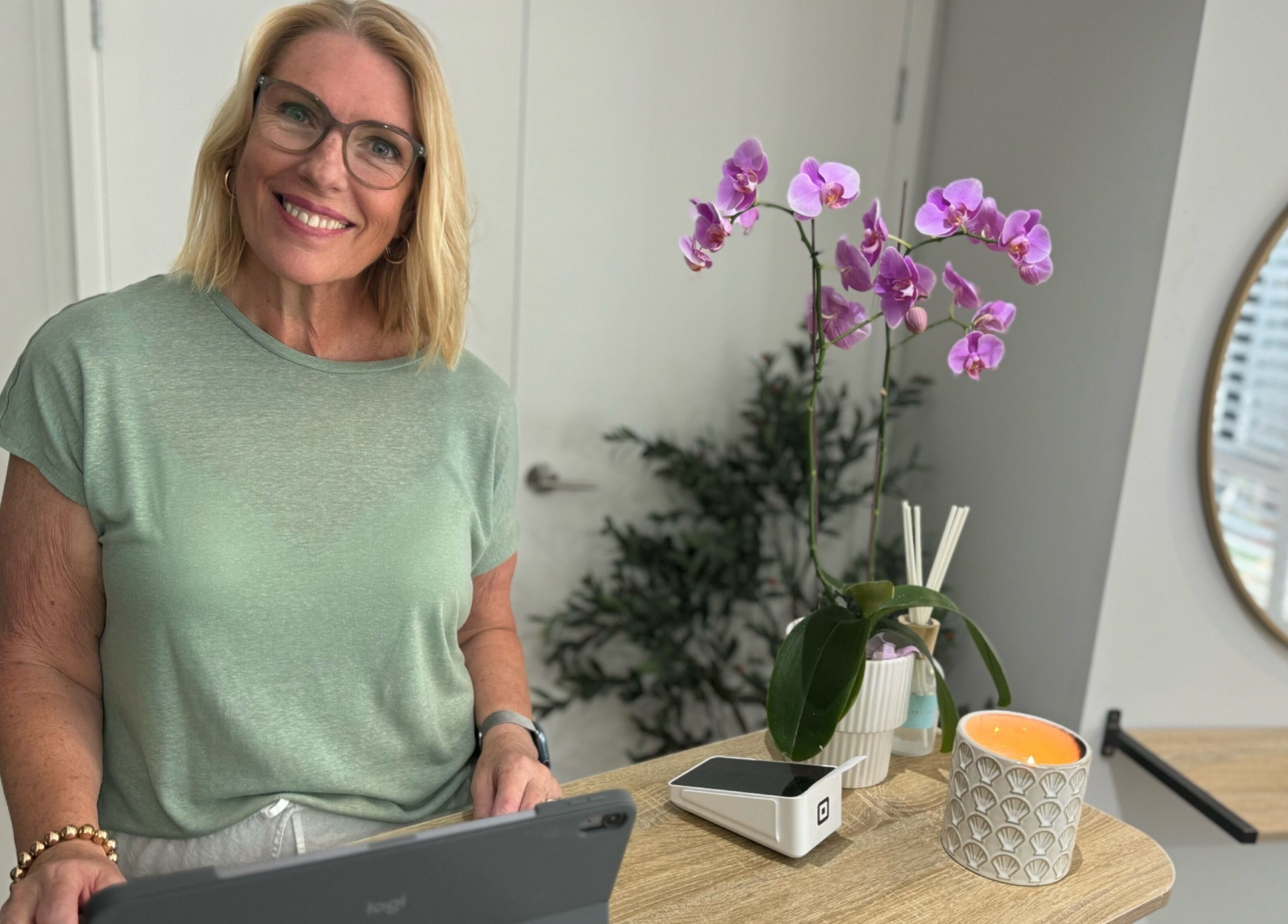 Stylish interior of Studio 12 - Hair By Fiona with orchids in Thornlands, Queensland, AU.