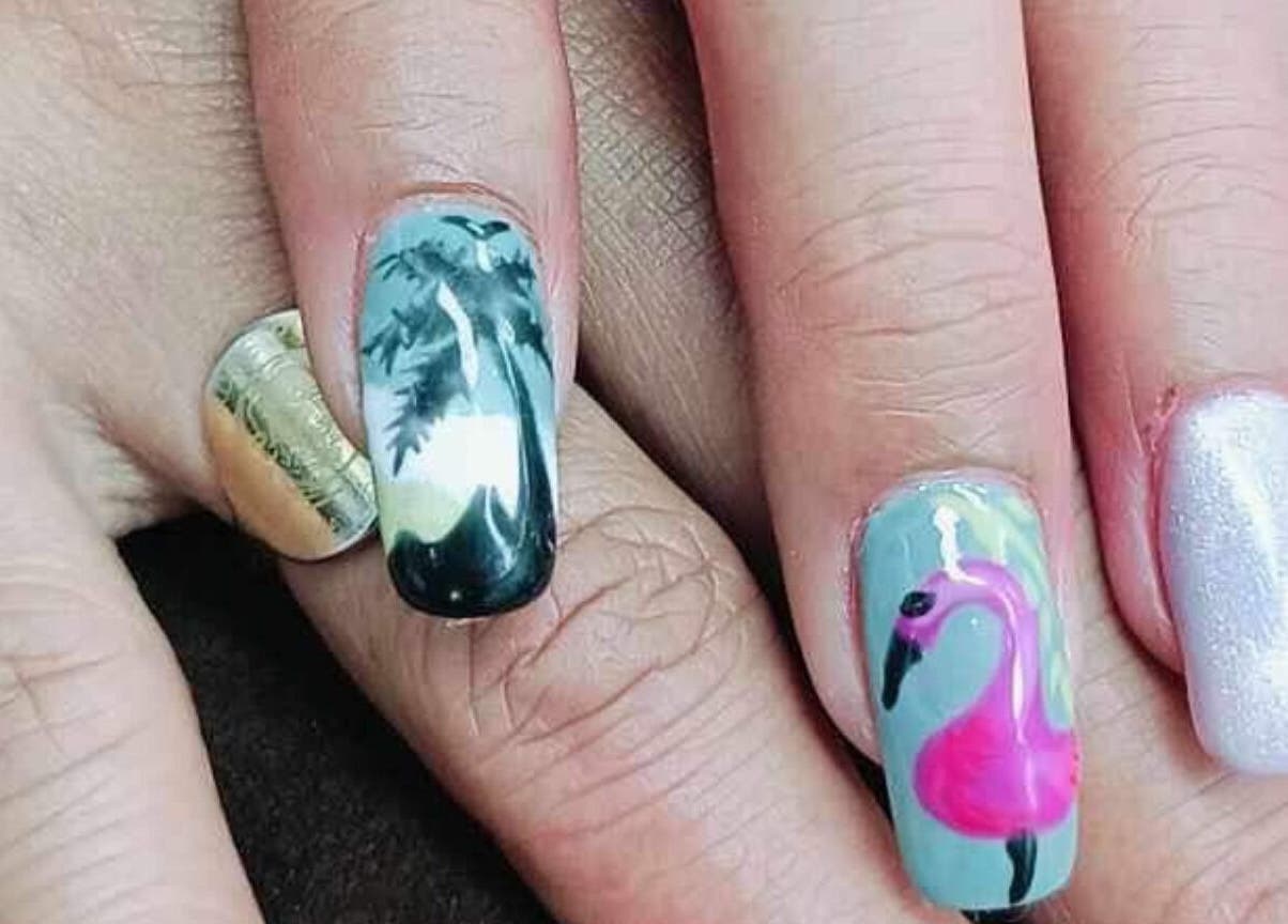 Colorful nail art featuring flamingo design at Daily Lounge Salon, Makati, Metro Manila, PH.