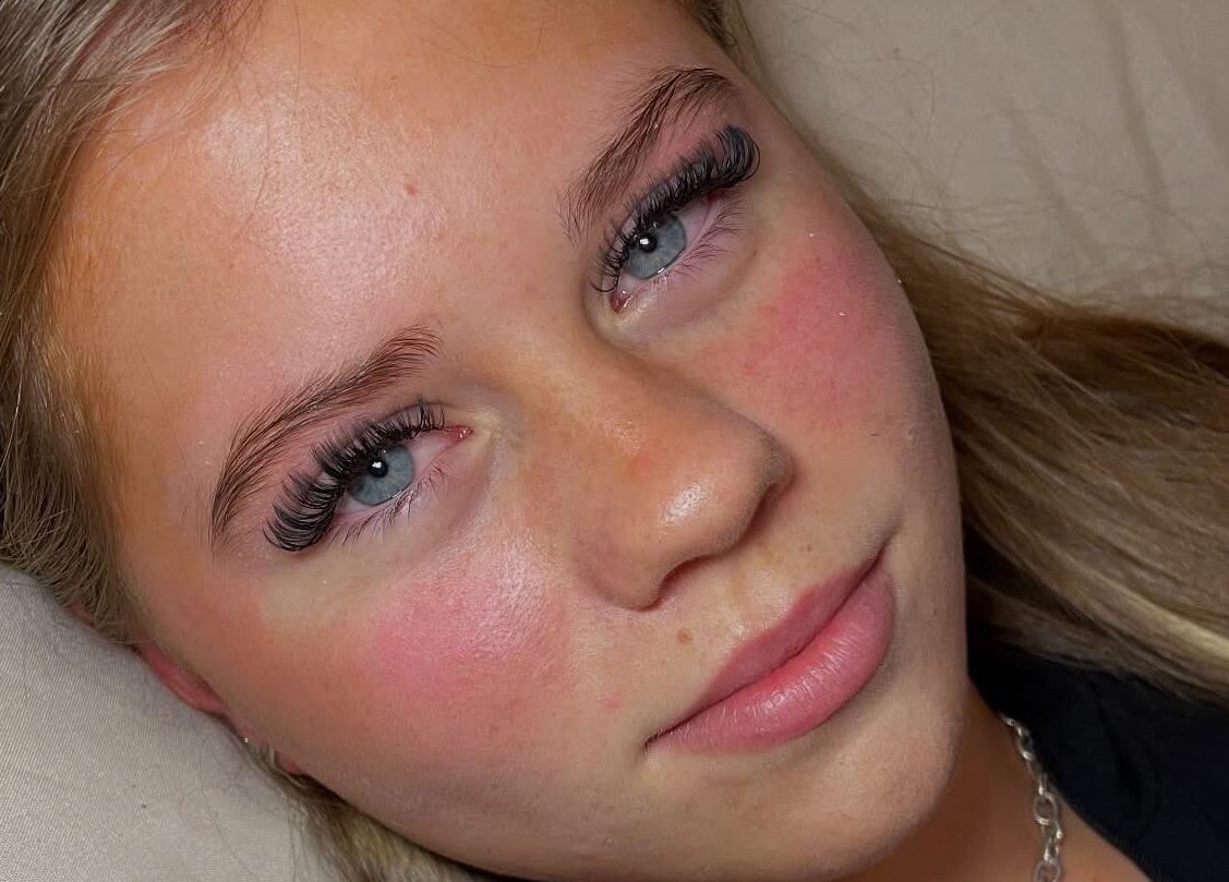 Close-up of eyelash extensions by Lashes By Yas X in Ashbourne, England, GB on a relaxed client.