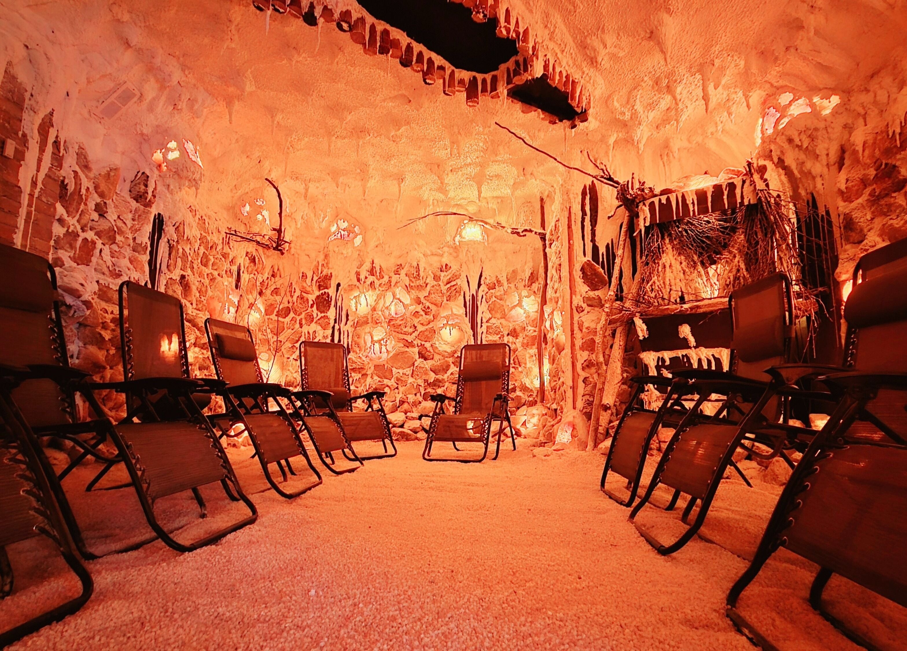 Relaxing salt cave at Simply Salt Wellness & Salt Cave, Welland, Ontario, CA with tranquil seating arrangement.
