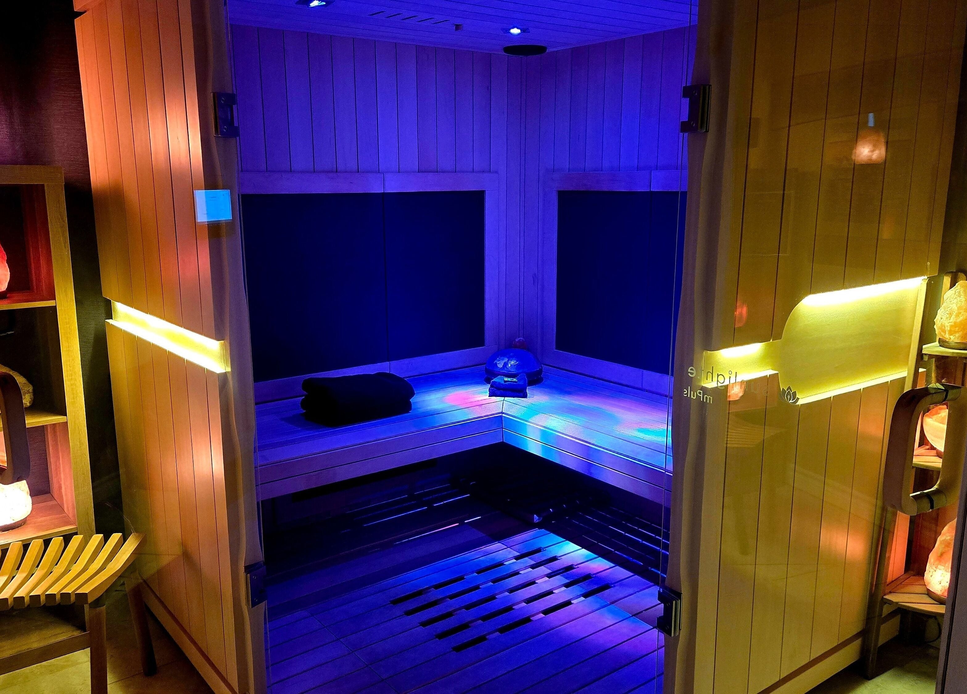 Well-lit salt cave room at Simply Salt Wellness & Salt Cave, Welland, Ontario, CA, with ambient lighting.