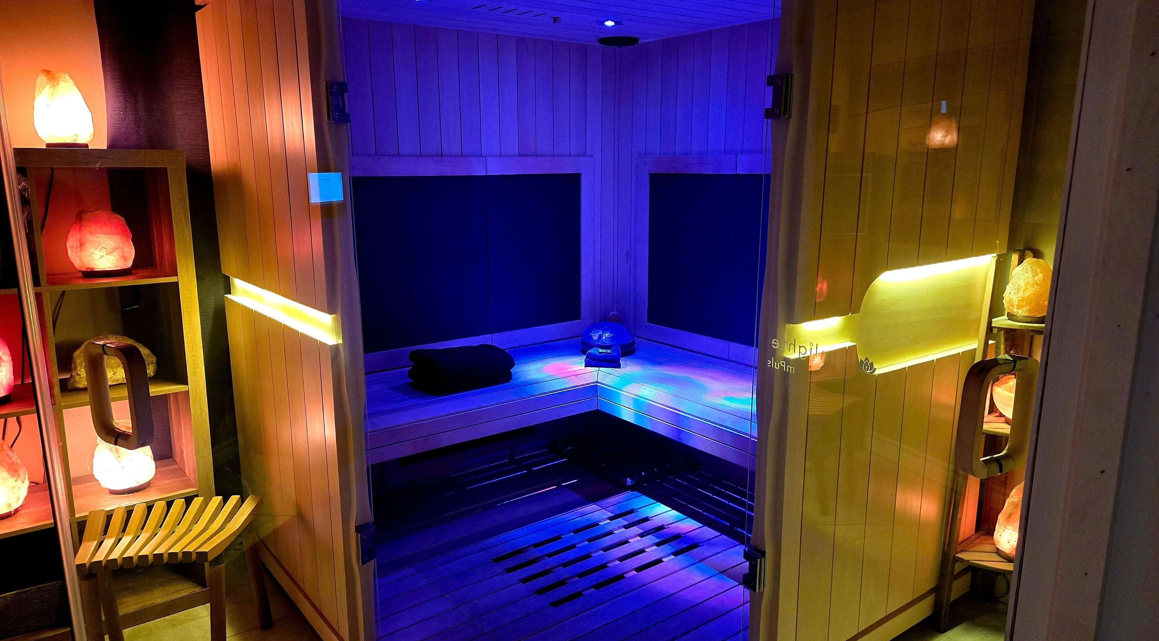 Well-lit salt cave room at Simply Salt Wellness & Salt Cave, Welland, Ontario, CA, with ambient lighting.