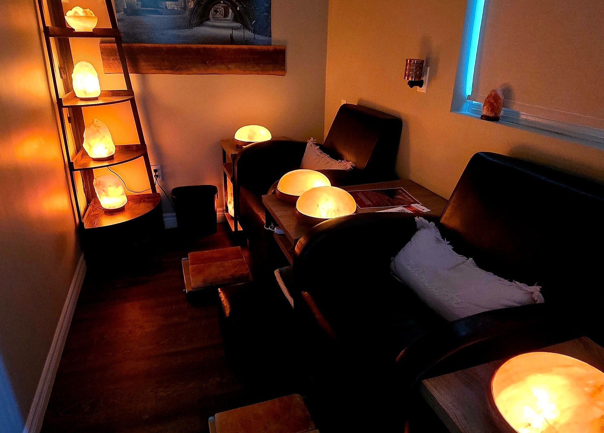 Relaxing salt lamp room at Simply Salt Wellness & Salt Cave, Welland, Ontario, CA enhancing calm and serenity.
