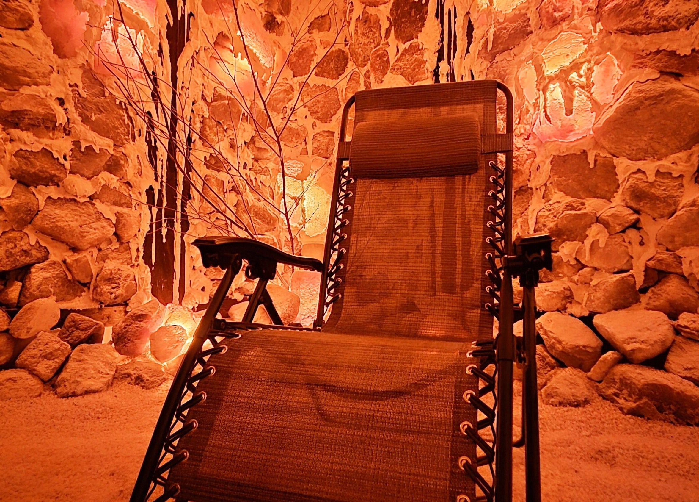Relaxing chair in the tranquil salt cave at Simply Salt Wellness & Salt Cave, Welland, Ontario, CA.