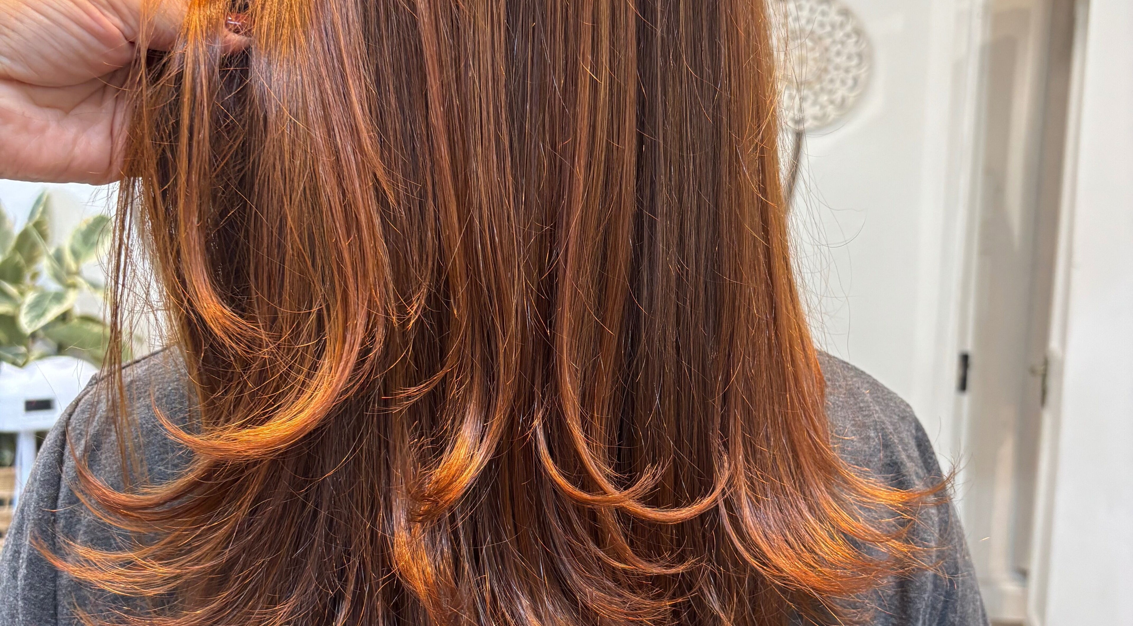 Transformação de cabelo em Gisely Hair, Dublin, County Dublin, IE, com corte elegante e brilho cobre.