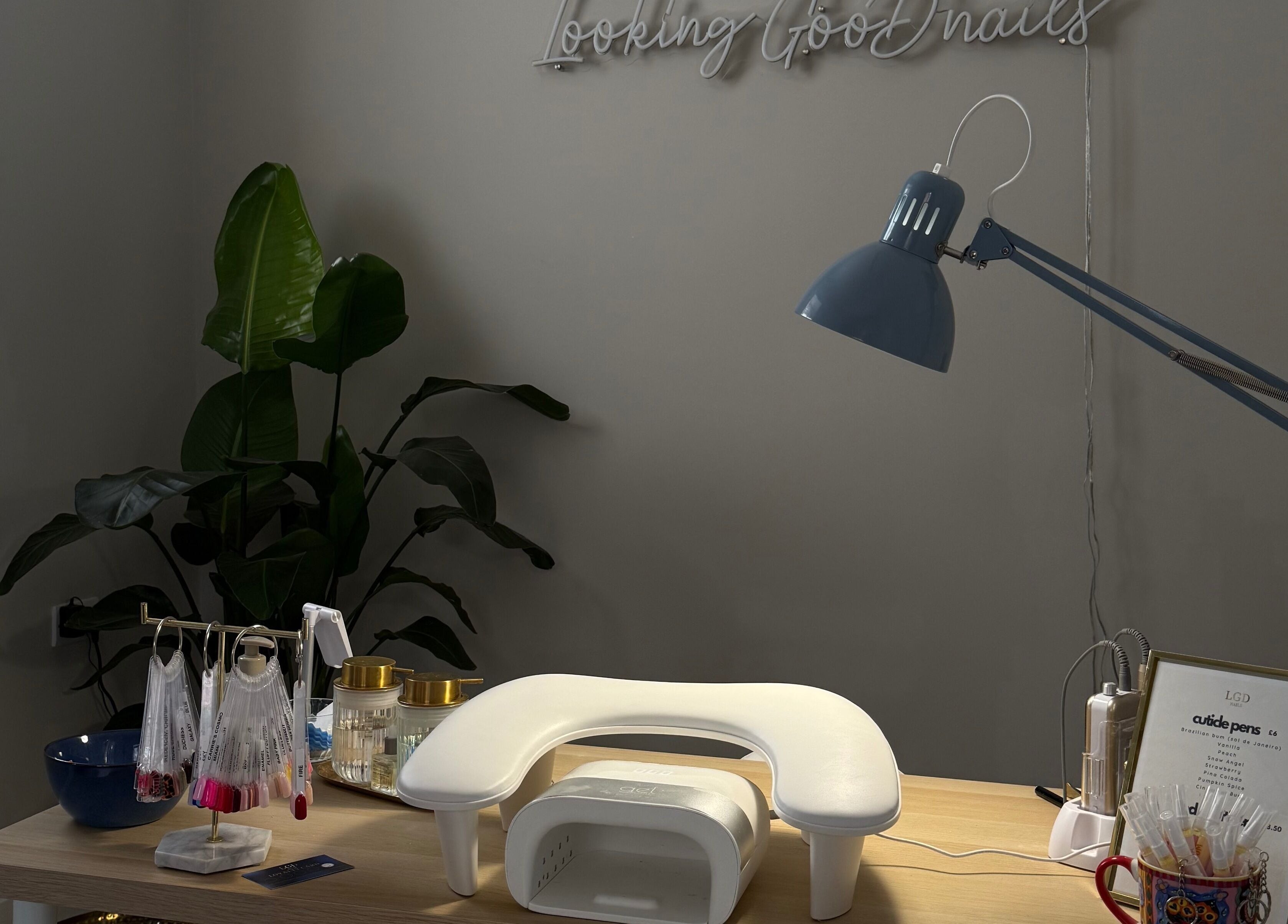 Elegant nail salon station at LGD nails in Fareham, England, GB with a modern and inviting setup.