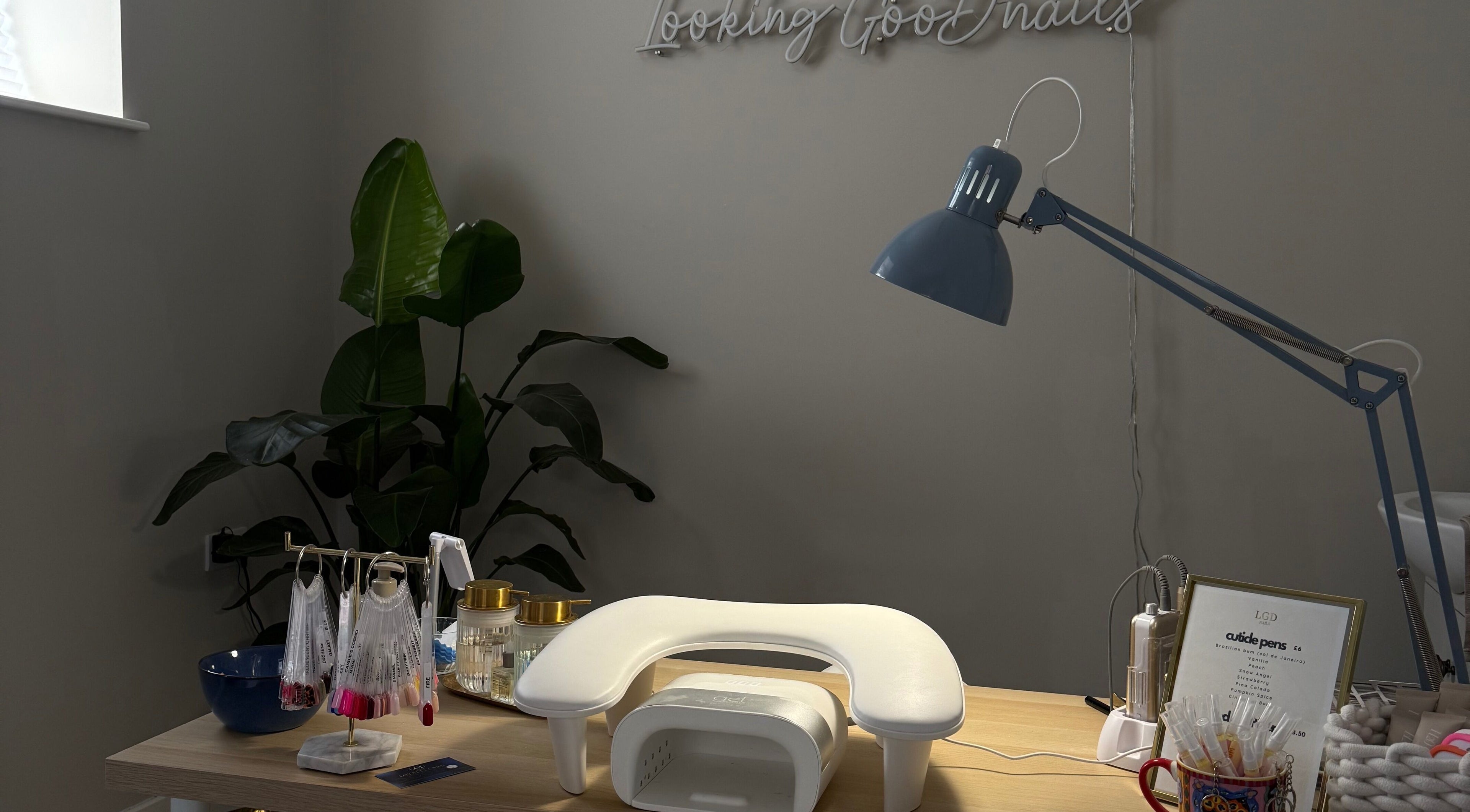 Elegant nail salon station at LGD nails in Fareham, England, GB with a modern and inviting setup.