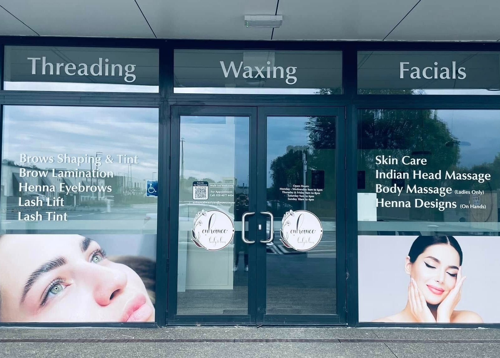Entrance of Enhance Beauty And Brows in Rolleston, Canterbury, NZ showcasing beauty services.