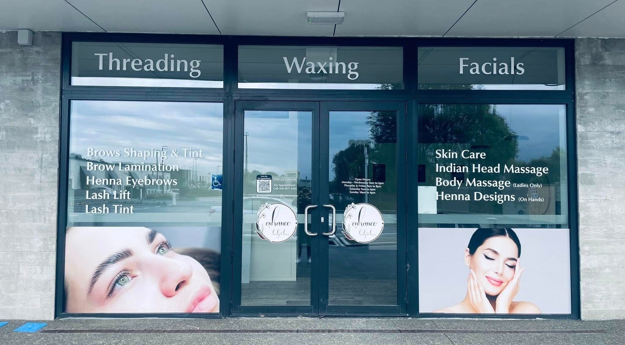 Entrance of Enhance Beauty And Brows in Rolleston, Canterbury, NZ showcasing beauty services.